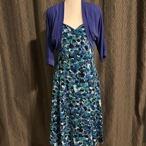 dressbarn Blue and Green Patterned Midi Dress with Bolero